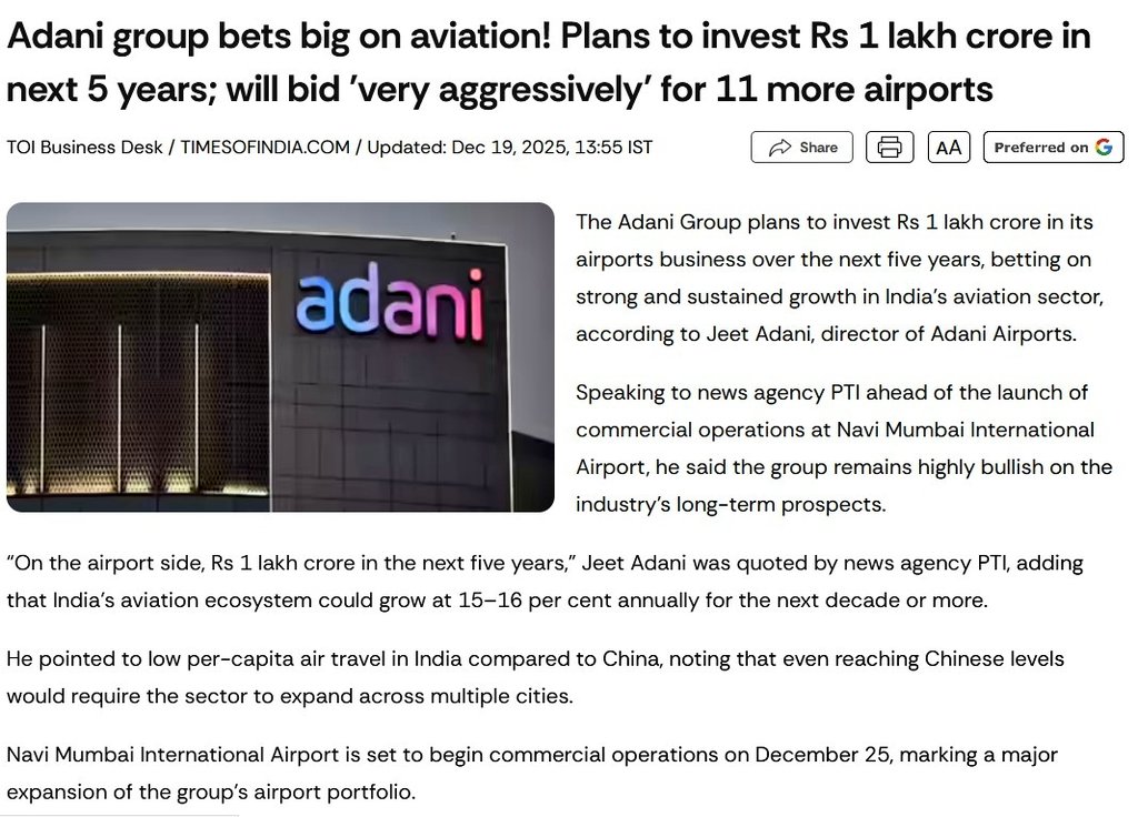 #AdaniGroup bets big on aviation! Plans to invest Rs 1 lakh crore in next 5 years; will bid 'very aggressively' for 11 more airports.

The Adani Group plans to invest Rs 1 lakh crore in its airports business over the next five years, betting on strong and sustained growth in