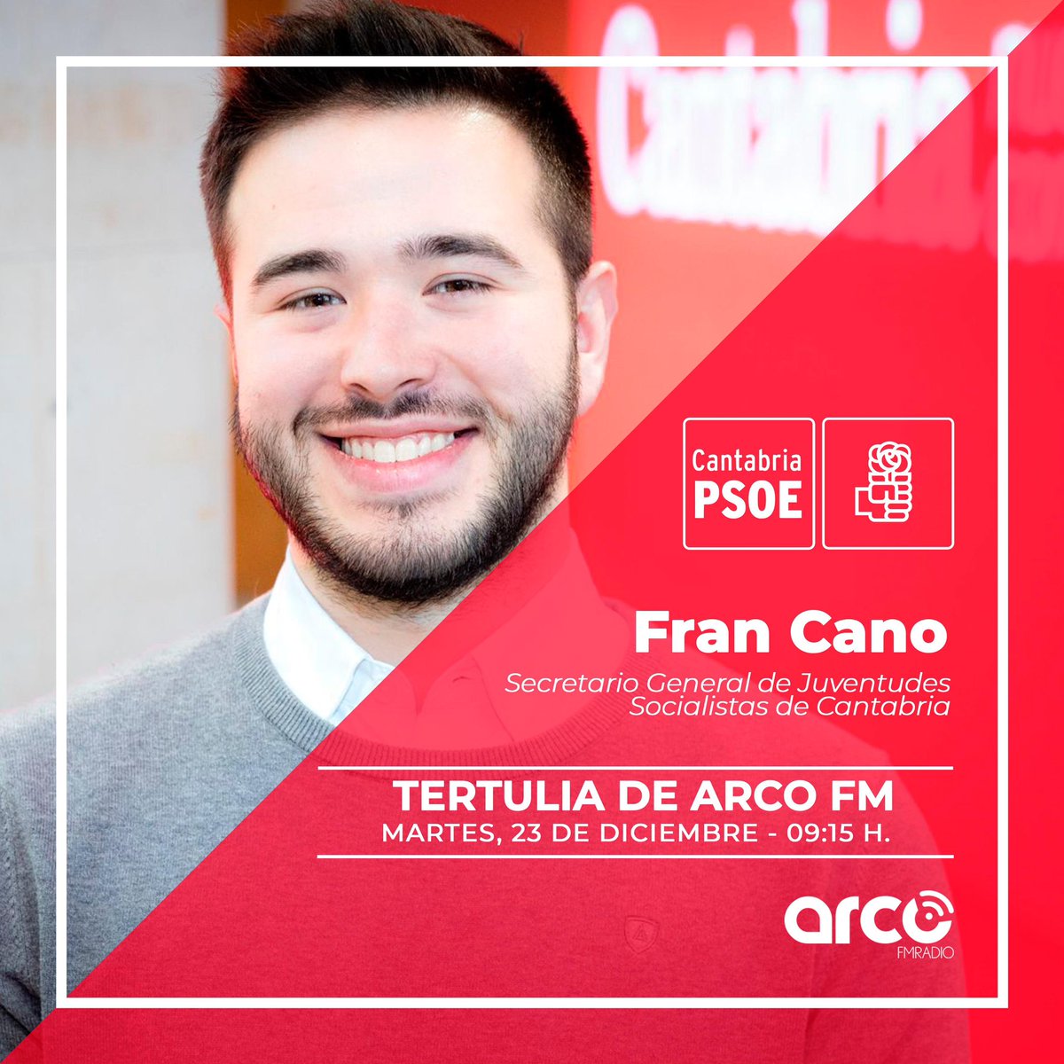 📻 El secretario general de <a href="/JSCantabria/">JSCantabria</a>, <a href="/francano_/">Fran Cano Molina</a>, participa en la tertulia de <a href="/ArcoFMCantabria/">ARCO FM Cantabria</a> para analizar la actualidad de Cantabria tras el pleno del <a href="/parlacan/">Parlamento de Cantabria</a> a partir de las 09.15 horas.