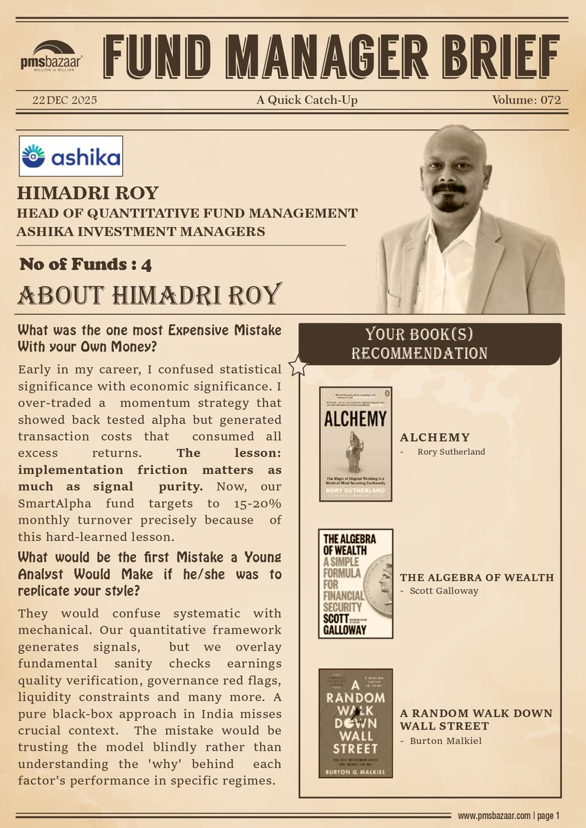 PmsBazaar's tweet photo. “ 𝑾𝒆 𝒓𝒖𝒏 𝒓𝒐𝒍𝒍𝒊𝒏𝒈 24-36 𝒎𝒐𝒏𝒕𝒉 𝒇𝒂𝒄𝒕𝒐𝒓 𝒑𝒆𝒓𝒇𝒐𝒓𝒎𝒂𝒏𝒄𝒆 𝒅𝒆𝒄𝒐𝒎𝒑𝒐𝒔𝒊𝒕𝒊𝒐𝒏. 𝑮𝒆𝒏𝒖𝒊𝒏𝒆 𝒅𝒆𝒄𝒂𝒚 𝒔𝒉𝒐𝒘𝒔 𝒄𝒐𝒓𝒓𝒆𝒍𝒂𝒕𝒊𝒐𝒏 𝒃𝒓𝒆𝒂𝒌𝒅𝒐𝒘𝒏 𝒂𝒄𝒓𝒐𝒔𝒔 𝒔𝒖𝒃-𝒇𝒂𝒄𝒕𝒐𝒓𝒔 𝒂𝒏𝒅 𝒓𝒆𝒈𝒊𝒎𝒆-𝒊𝒏𝒅𝒆𝒑𝒆𝒏𝒅𝒆𝒏𝒕 𝒖𝒏𝒅𝒆𝒓𝒑𝒆𝒓𝒇𝒐𝒓𝒎𝒂𝒏𝒄𝒆, “ Said Mr. 𝐇𝐢𝐦𝐚𝐝𝐫𝐢 𝐑𝐨𝐲

𝐄𝐱𝐩𝐥𝐨𝐫𝐞 𝐨𝐮𝐫 𝐥𝐚𝐭𝐞𝐬𝐭 𝐅𝐮𝐧𝐝 𝐌𝐚𝐧𝐚𝐠𝐞𝐫 𝐁𝐫𝐢𝐞𝐟 (𝐕𝐨𝐥. 72), where the 𝐇𝐞𝐚𝐝 𝐨𝐟 𝐐𝐮𝐚𝐧𝐭𝐢𝐭𝐚𝐭𝐢𝐯𝐞 𝐅𝐮𝐧𝐝 𝐌𝐚𝐧𝐚𝐠𝐞𝐦𝐞𝐧𝐭 at 𝐀𝐬𝐡𝐢𝐤𝐚 𝐈𝐧𝐯𝐞𝐬𝐭𝐦𝐞𝐧𝐭 𝐌𝐚𝐧𝐚𝐠𝐞𝐫𝐬 shares deep insights on factor pain vs factor decay, why global quant models fail in India, and how multi-factor, India-specific systematic strategies can generate sustainable alpha across market cycles.

𝐑𝐞𝐚𝐝 𝐍𝐎𝐖: https://t.co/SmTqpnWP0f?

#PMSBazaar #FundManagerBrief #QuantInvesting #AlternativeInvestments #PMS #AIF #IndianMarkets #WealthManagement