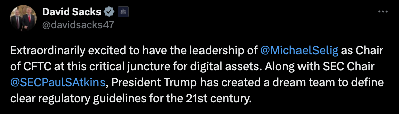 🔴COINTELGRAPH: David Sacks elogia Selig e Atkins come "dream team" per le nuove linee guida sui regolamenti delle criptovalute.