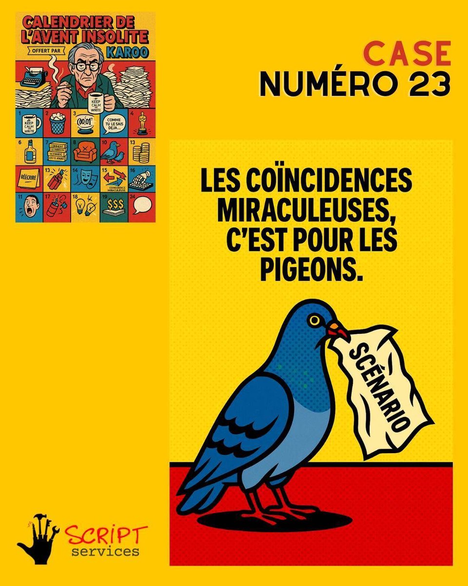 🎄Chaque jour : une vérité qui gratte, un conseil qui claque et un petit électrochoc dramaturgique pour booster ton écriture.
Pas de chocolat 🍫. Juste ce qu’il faut pour avancer.

#calendrierdelavent #karoo #scenario #ecriture