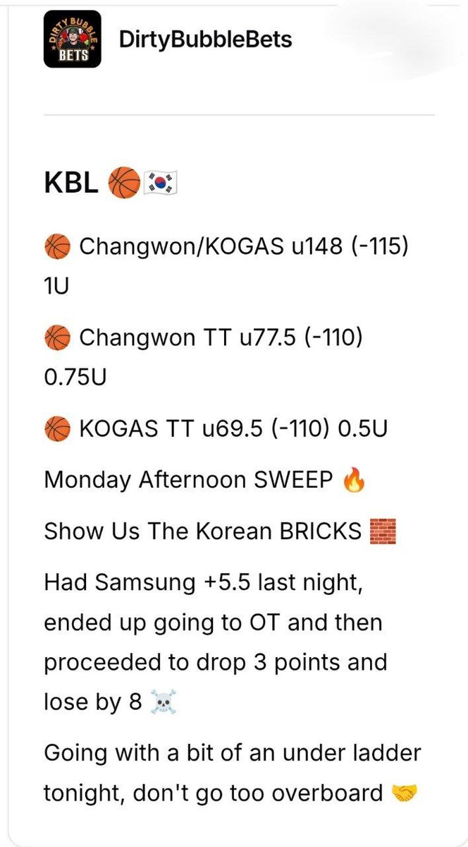 allcappersfreee's tweet image. Wake N Cash🔮🔥

#Bankrollbill 

Tianjin pioneers -9 -120 (1.5u)
Tasmania Jackjumpers FH +3.5 -120 (1.25u)
Daegu Kogas Pegasus/ Changwon LG Sakers over 147 -115 (1u)

#kimspicks
#Dirtybubblebets
