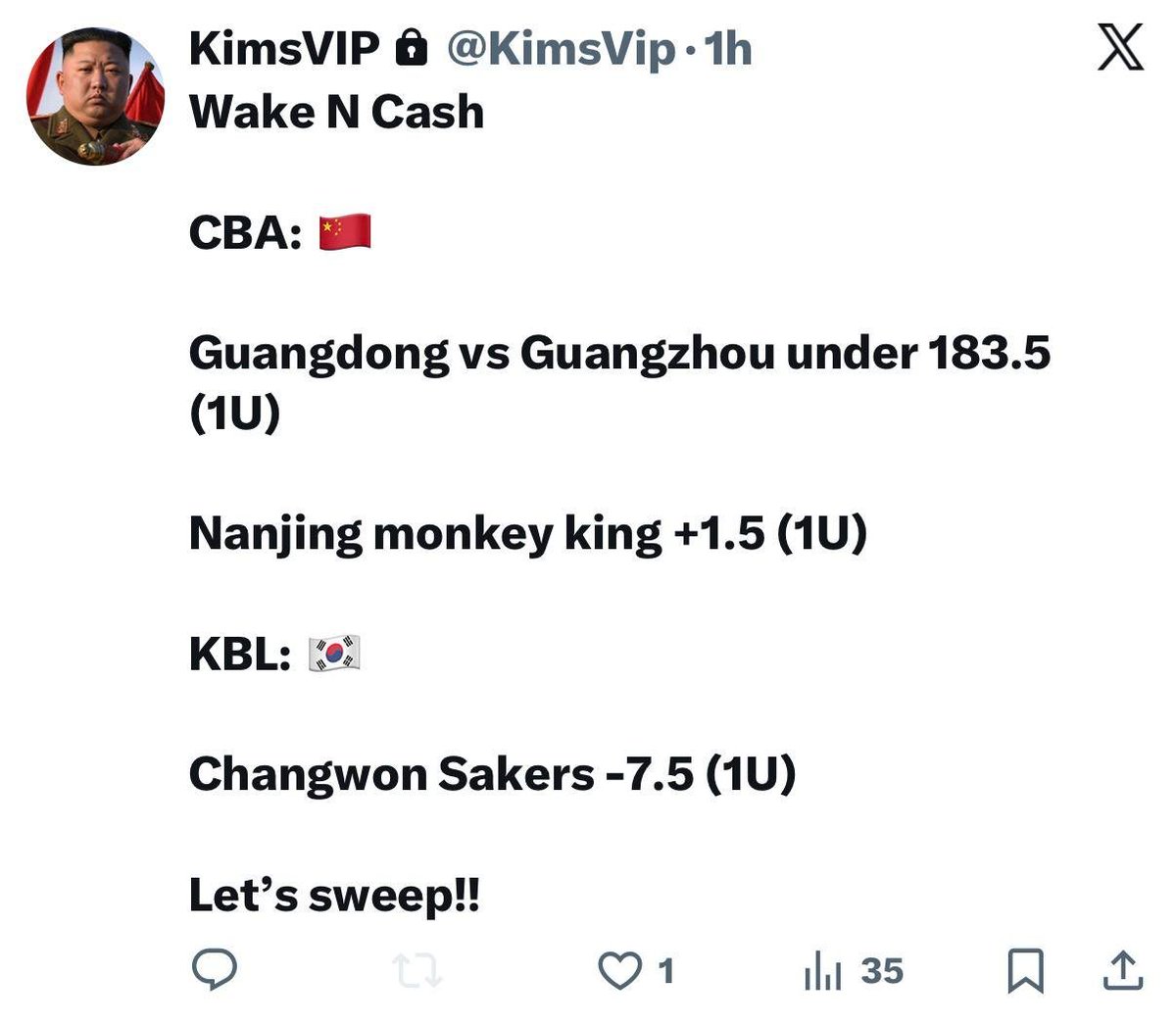 allcappersfreee's tweet image. Wake N Cash🔮🔥

#Bankrollbill 

Tianjin pioneers -9 -120 (1.5u)
Tasmania Jackjumpers FH +3.5 -120 (1.25u)
Daegu Kogas Pegasus/ Changwon LG Sakers over 147 -115 (1u)

#kimspicks
#Dirtybubblebets