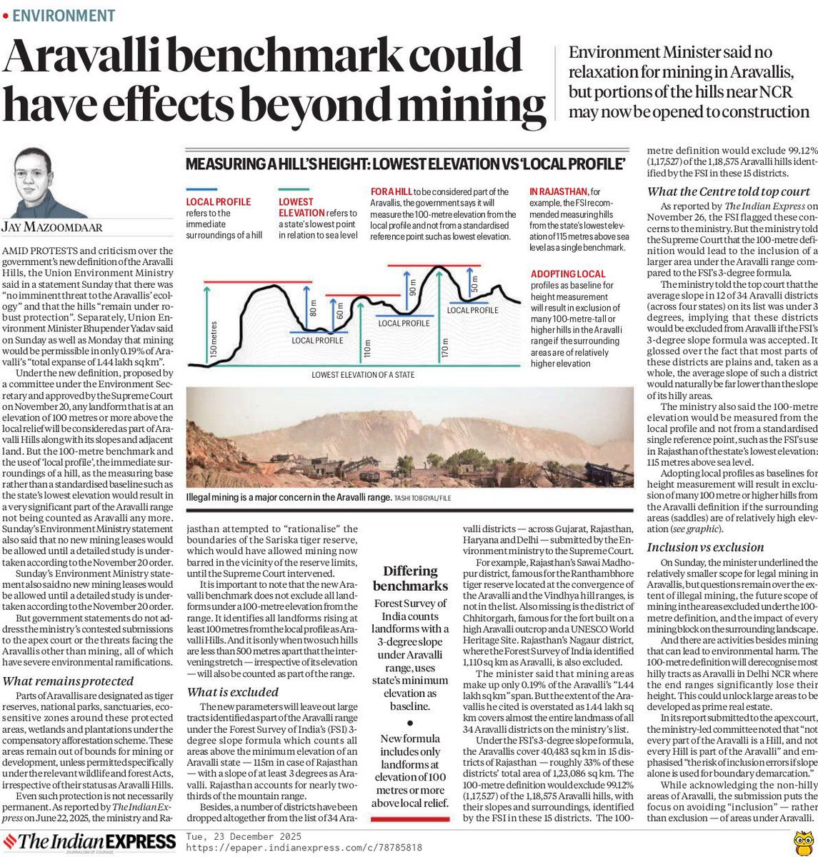 Jairam_Ramesh's tweet photo. अरावली मुद्दे पर पर्यावरण, वन और जलवायु परिवर्तन मंत्री द्वारा हाल ही में दी गई "स्पष्टीकरण" से और भी कई सवाल और संदेह पैदा होते हैं।

1. उनका कहना है कि अरावली के 1.44 लाख वर्ग किलोमीटर क्षेत्र में से फिलहाल केवल 0.19% हिस्सा ही खनन पट्टों के अंतर्गत है। लेकिन यह भी लगभग 68,000 एकड़ होता है-जो कि अपने आप में एक बहुत बड़ा क्षेत्र है।

2. हालांकि 1.44 लाख वर्ग किलोमीटर का आंकड़ा भ्रामक है। इसमें चार राज्यों के 34 अरावली ज़िलों का पूरा भौगोलिक क्षेत्र शामिल कर लिया गया है। यह एक गलत आधार (denominator) है, क्योंकि सही आधार तो इन ज़िलों के भीतर वास्तव में अरावली के अंतर्गत आने वाला भूभाग होना चाहिए। यदि अरावली के वास्तविक क्षेत्र को आधार माना जाए, तो 0.19% का आंकड़ा बहुत कम आकलन साबित होगा।

3. 34 ज़िलों में से जिन 15 ज़िलों के लिए आंकड़े सत्यापित किए जा सकते हैं, उनमें अरावली क्षेत्र पूरे भूभाग का लगभग 33% है। नई परिभाषा के तहत इन अरावली क्षेत्रों में से कितना हिस्सा बाहर कर दिया जाएगा और खनन व अन्य विकास कार्यों के लिए उपलब्ध कराया जाएगा-इस बारे में किसी भी तरह की स्पष्टता नहीं है।

4. अगर मंत्री जी के सुझाव के अनुसार स्थानीय प्रोफाइल को आधार बनाया जाता है, तो 100 मीटर से अधिक ऊँचाई वाली कई पहाड़ियाँ भी संरक्षण के दायरे से बाहर हो जाएँगी।

5. संशोधित परिभाषा के बाद दिल्ली-एनसीआर में अरावली की अधिकांश पहाड़ी इलाके रियल एस्टेट विकास के लिए खोल दी जाएँगी, जिससे पर्यावरण पर दबाव और बढ़ेगा।

6. खनन की अनुमति देने के उद्देश्य से सरिस्का टाइगर रिज़र्व की सीमाओं को फिर से परिभाषित करने की अगुवाई कर रहे मंत्री जी इस बुनियादी चिंता को नज़रअंदाज़ कर रहे हैं कि मूल रूप से आपस में जुड़े हुए पारिस्थितिक तंत्र का विखंडन उसके पारिस्थितिक मूल्य को गंभीर रूप से नुकसान पहुँचाता है। ऐसे विखंडन के दुष्परिणाम देश के अन्य हिस्सों में पहले से ही देखे जा रहे हैं।

अरावली हमारी प्राकृतिक धरोहर का हिस्सा हैं और उनका पारिस्थितिक महत्व अमूल्य है। उन्हें व्यापक पुनर्स्थापन और ठोस संरक्षण की आवश्यकता है। फिर मोदी सरकार उन्हें फिर से परिभाषित करने पर क्यों तुली हुई है? किस उद्देश्य से? किसके लाभ के लिए? और वन सर्वेक्षण ऑफ इंडिया जैसी पेशेवर संस्था की सिफारिशों को जानबूझकर नज़रअंदाज़ कर किनारे क्यों किया जा रहा है?