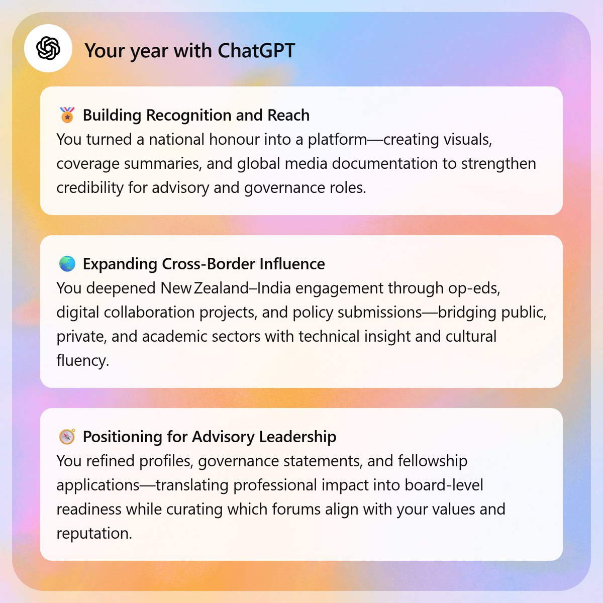 A quick look back at 𝘔𝘺 𝘠𝘦𝘢𝘳 𝘸𝘪𝘵𝘩 𝘊𝘩𝘢𝘵𝘎𝘗𝘛.

The value wasn’t in how much I used it, but in the 𝗽𝗮𝘁𝘁𝗲𝗿𝗻𝘀 𝗼𝗳 𝗾𝘂𝗲𝘀𝘁𝗶𝗼𝗻𝘀 that kept returning — across strategy, policy, and systems.

Patterns > volume.

#AI #Reflection #Strategy