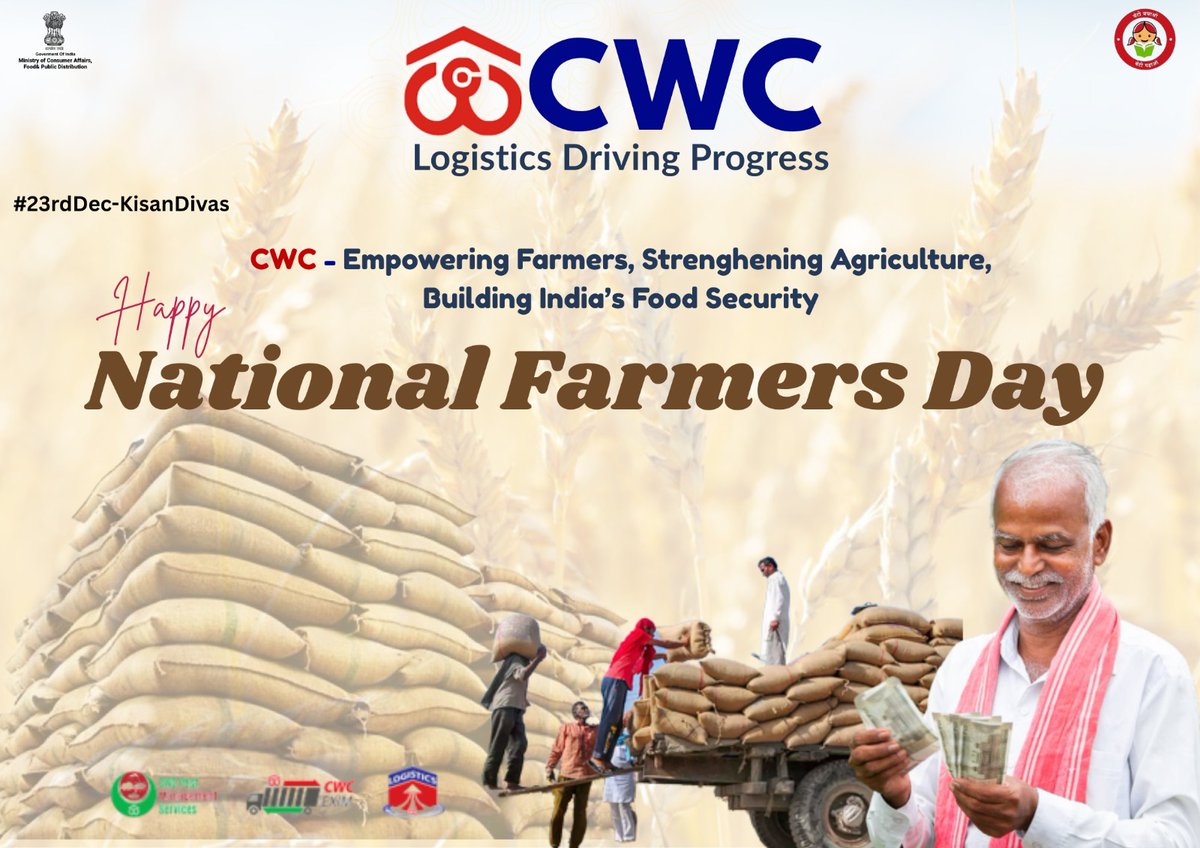 cmoblr123's tweet image. On #FarmersDay, we salute the hands that feed the nation. 🌾@cwc_warehouse (CWC) reaffirms its commitment to support farmers through scientific storage, efficient logistics &amp;amp; reduced post-harvest losses.
#FarmersFirst  @MDCWC @Director_MCP @Director_FinCWC @Directorprscwc