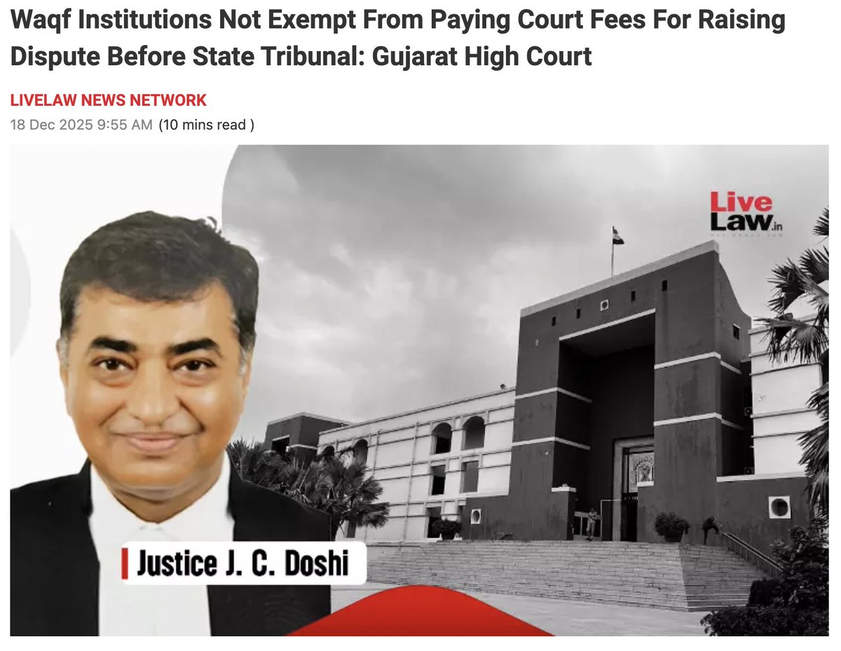 SachdevaAmita's tweet image. Big win for equality in law! 
Gujarat HC (Justice J.C. Doshi) dismisses -150 petitions by Waqf institutions.

Rules:- No blanket exemption from court fees under Waqf Act. Proceedings u/s 83 are akin to civil suits, Gujarat Court Fees Act applies fully.

Waqf bodies must now pay…