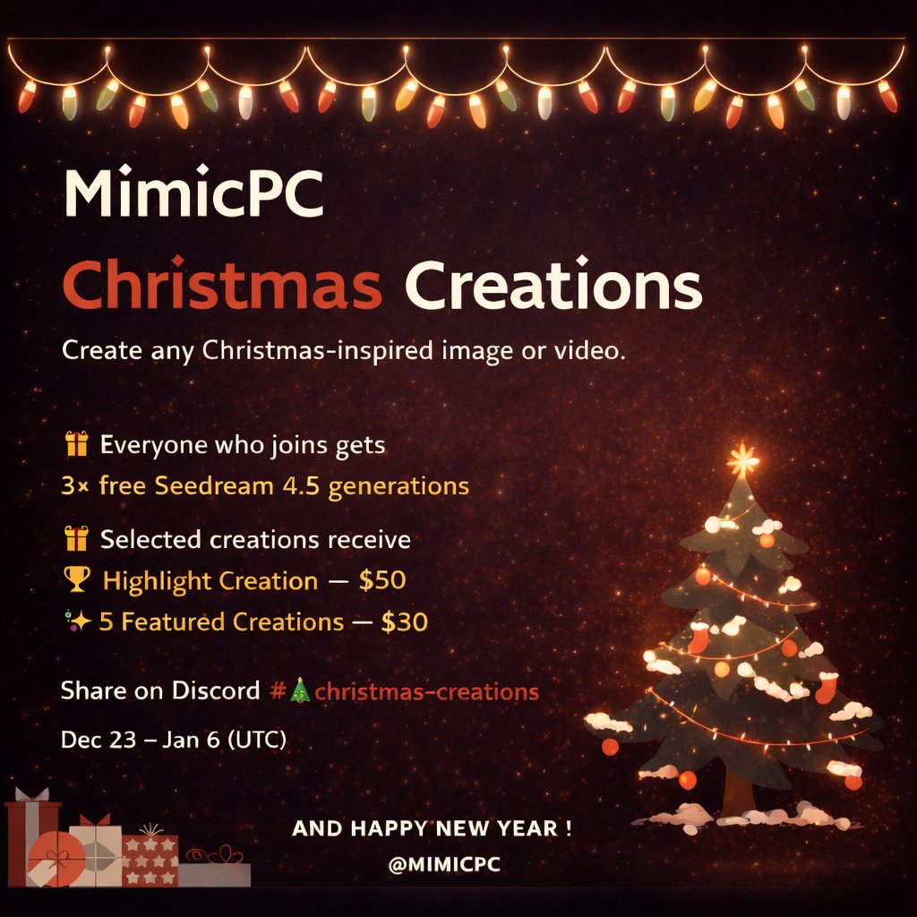 🎄 Christmas Creations Event is live on MimicPC!

Create a Christmas‑inspired AI image or video and share it on our Discord to join.

🎁 Everyone who joins gets 3 free Seedream 4.5 generations
🏆 Top creations win MimicPC Funds
• 1 Highlight: $50
• 5 Featured: $30 each
🗓 Dec