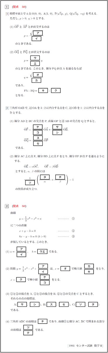 1993年のセンター試験数学IIは平均点が高かったので、例示するなら問題