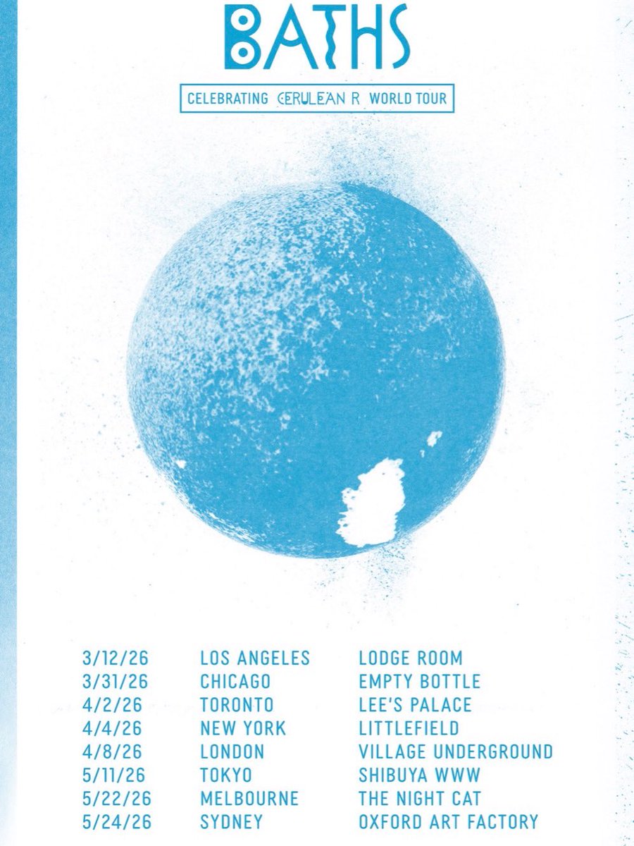 Baths、記念碑的デビューLP『Cerulean』15周年記念再発盤『Cerulean R』を発表!!!
好評配信中『Cerulean R』URL：tugboat.lnk.to/Baths_CeruleanR

記念すべきリリースを祝う、北米、日本、オーストラリア、ロンドンでのワールドツアーも発表！
東京は、7年ぶりとなる来日公演！(2026/05/11)