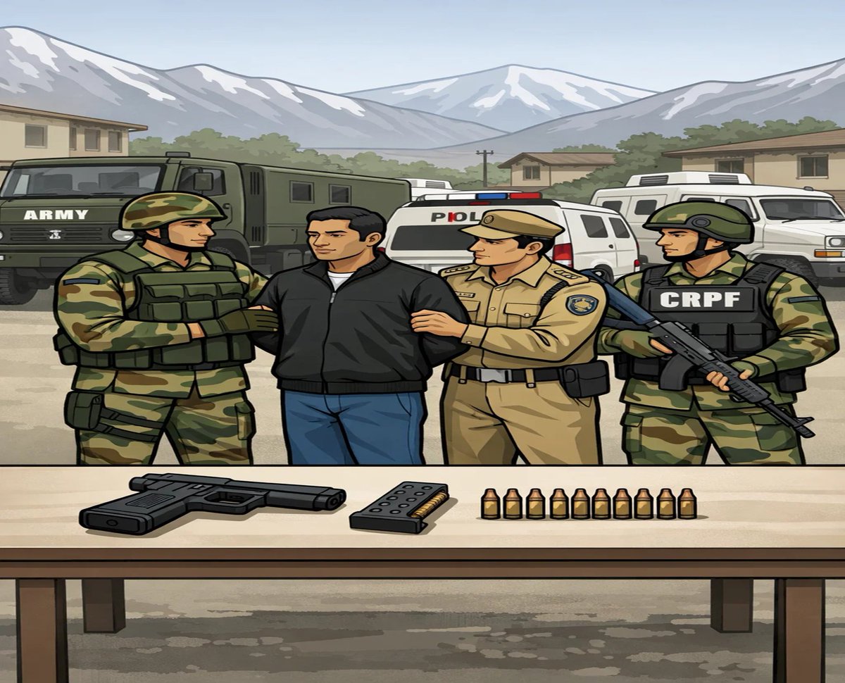 Security forces arrested a terrorist associate in #Awantipora, #Pulwama, during a joint operation by Police, CRPF and Indian Army 50 RR. Arms and ammunition were recovered, and further investigation is underway. #SecurityForces #CounterTerrorism #JammuAndKashmir