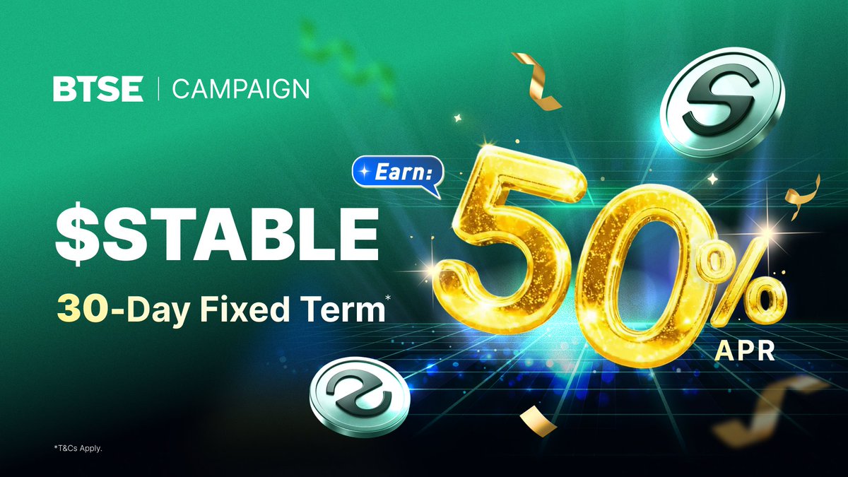 BTSE_Official's tweet photo. $STABLE Earn is here. 

⚡ 50% APR
🗓️ 30-day fixed term

Start now 👉 https://t.co/8VxY9GbHXS

@stable #STABLEonBTSE