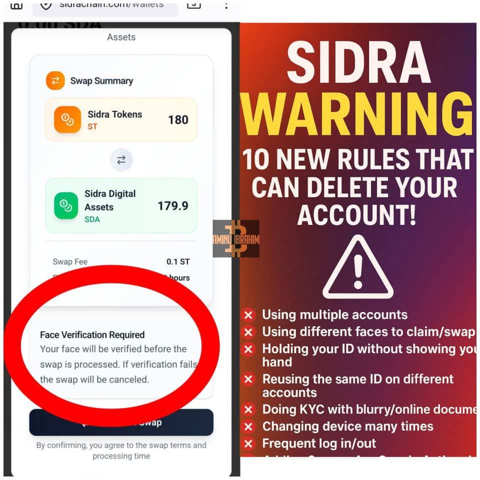 🚨 Sidra New Rules:
1️⃣ KYC face = swap face. Mistmatch = 7-day lock
2️⃣ Blurry/angled ID = KYC can be revoked
3️⃣ One ID, one account only
4️⃣ Report suspicious accounts
5️⃣ Prep for listing &amp; TGE soon
⚠️ Keep KYC clean &amp; wallet secure, or risk account loss

#SidraChain #SidraFamily