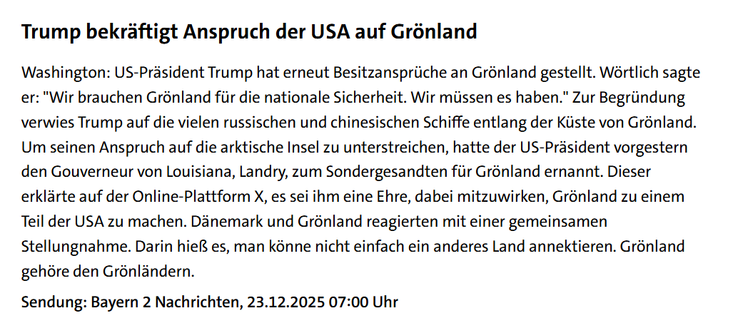 Und noch etwas zu den falschen Darstellungen von Nachrichten über die USA. Trump hat erneut seinen Anspruch auf Grönland bekräftigt. Wie im Mittelalter! Der König erhebt Anspruch auf Land und schafft falsche Gründe für seinen Anspruch. Jetzt hat er sich auch noch an russische und