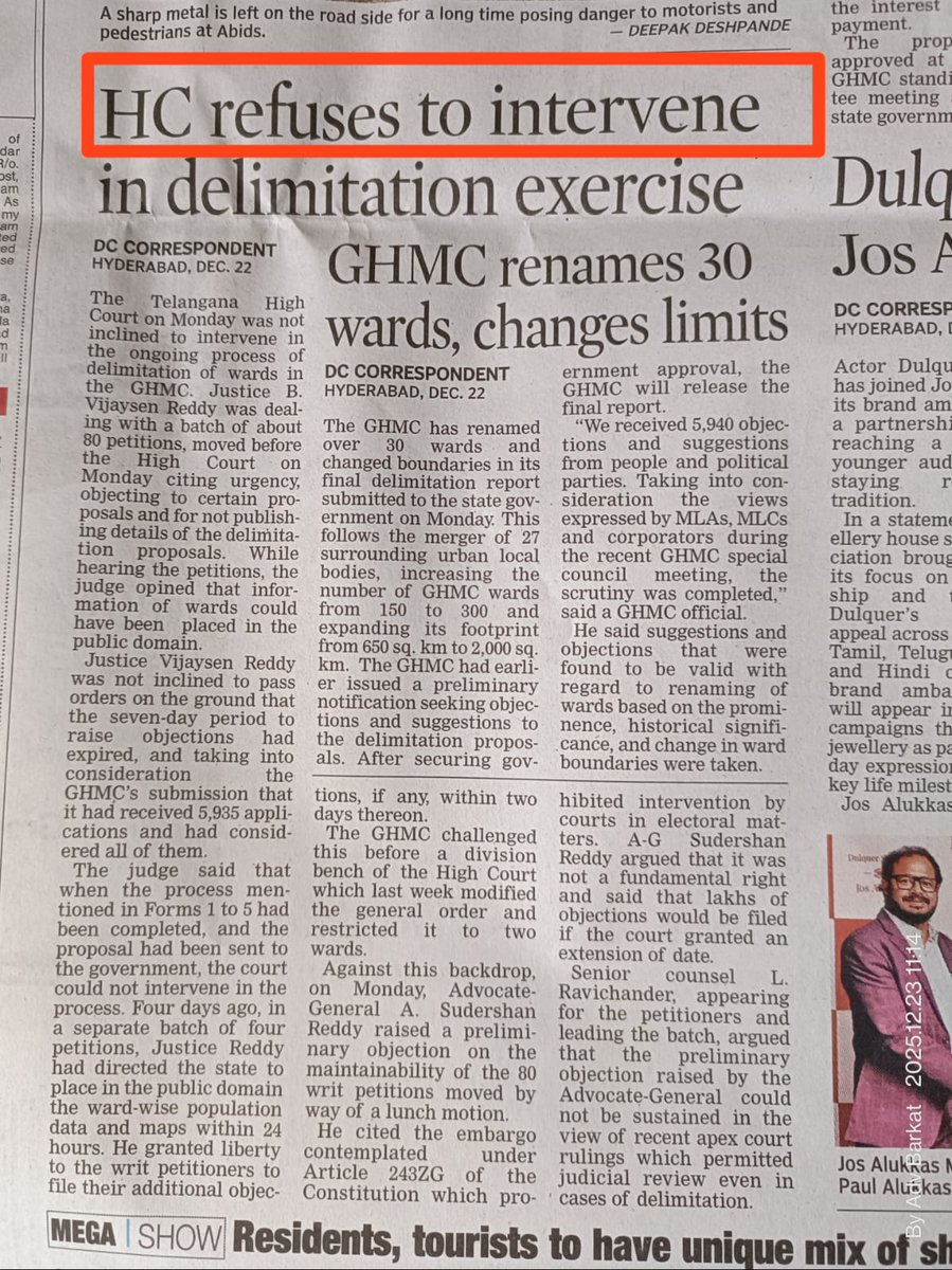 digitaldutta's tweet image. In case of GHMC delimitation of wards, courts don't want to intervene. State doesn't want to even share how it is doing delimitation. No maps, no population numbers, no accountability.