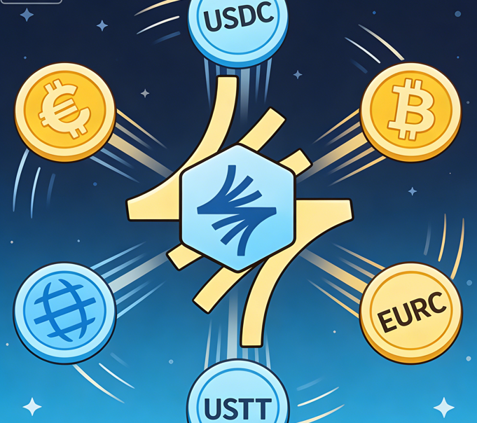 tanaladder1's tweet photo. #CodexCartoon: A dynamic hexagon symbol blasts out crypto (BTC, USDC, EURC) — vibrant, high-energy, framing blockchain’s fast-moving asset network! https://t.co/SR9kFcENGP