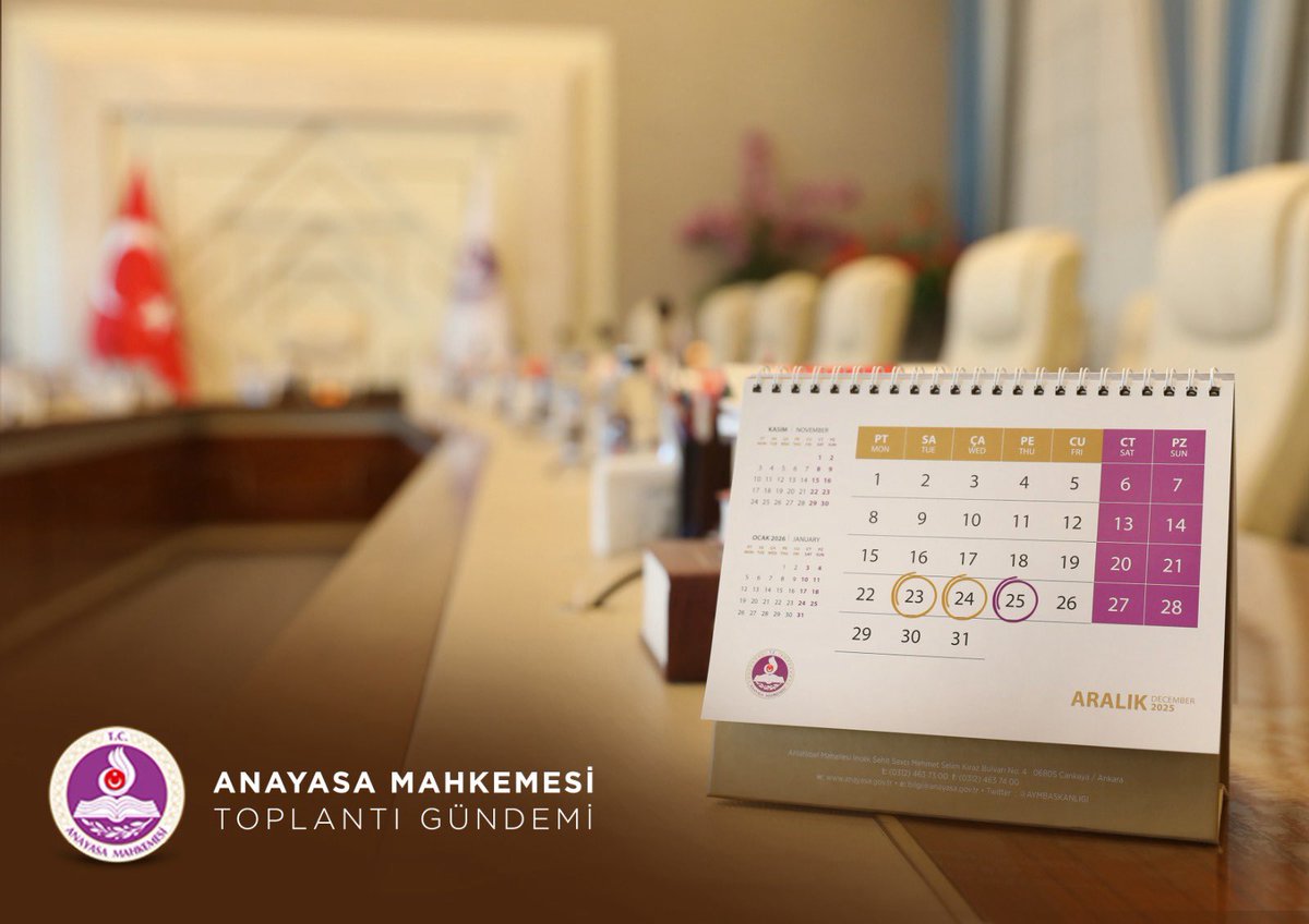 Anayasa Mahkemesinin bu haftaki Genel Kurul ve Bölümler gündemine aşağıdaki bağlantılardan ulaşabilirsiniz.

👉🏻 Birinci Bölüm Gündemi (24.12.2025): anayasa.gov.tr/26561

👉🏻 İkinci Bölüm Gündemi (23.12.2025): anayasa.gov.tr/26562

👉🏻 Genel Kurul Gündemi (25.12.2025):