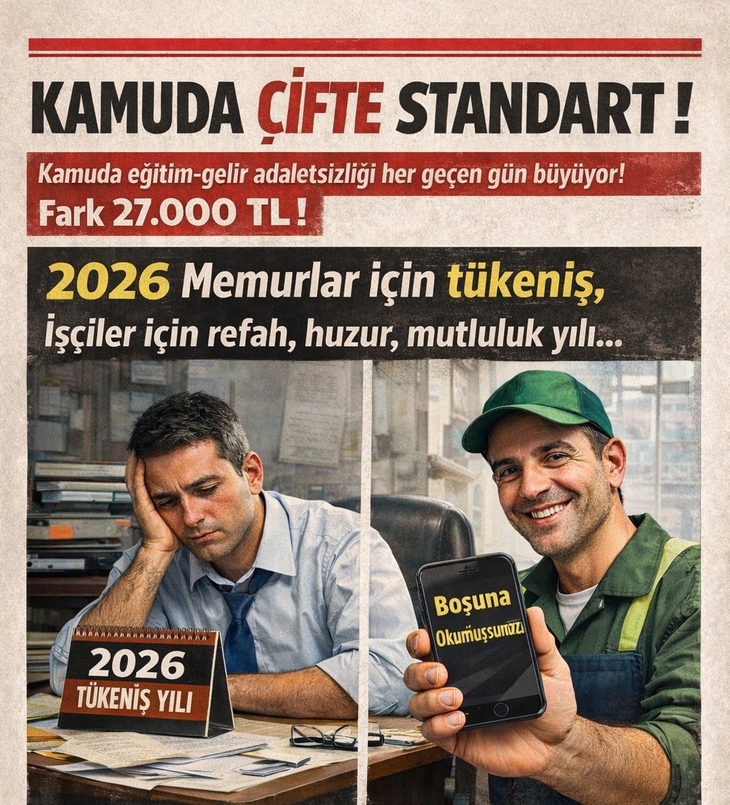 2026 Ocak Ayı:

KPSS ile atanan en düşük memur :57.400 TL
Sınavsız kadroya geçirilen işçi: 84.000 TL 
(Maaş haricinde ikramiye-tediye-yemek-yol) 

FARK 27.000 TL.

Kamuda nitelikli çalışan memurlar adaletsizlik karşısında tükeniyor..
#memur 
#SözMecliste
#MemuraNedenYok