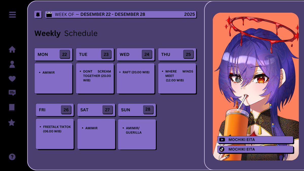 eita_wee's tweet photo. 🔮WEEKLY SCHEDULE✨
(22 - 28 DES 2025)
🔮HASHTAG✨
General : #mochikieita
LIVE : #eitalive
Art : #eitart
NSFW : #yabei
Meme : #momeme
Clips : #ei_clips
Fan name : #mochilock https://t.co/e54NFrBZQ1