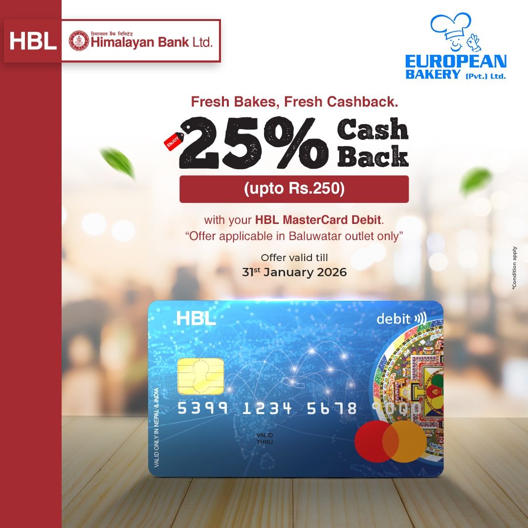 himalayanbanknp's tweet photo. Fresh Bakes. Fresh Cashback.
Swipe your HBL MasterCard - Debit and enjoy 25% cashback upto Rs. 250.00 at European Bakery, Baluwatar Branch. #HimalayanBank #CashBackOffers https://t.co/XsxkPYWljT