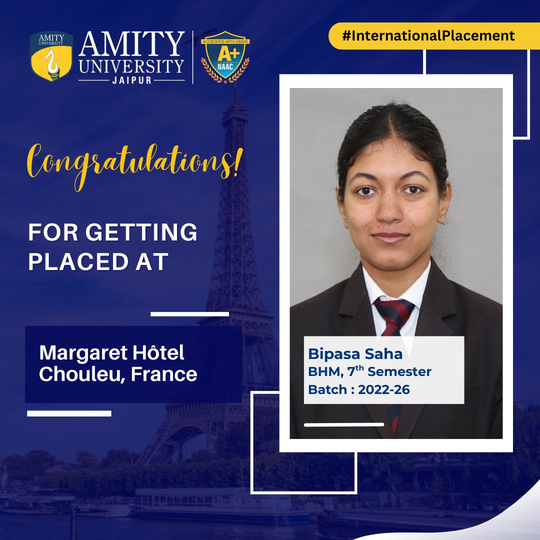AmityUniJaipur's tweet image. Congratulations to Bipasa Saha on her international placement at the prestigious Margaret Hôtel Chouleu, France. Wishing her a brilliant career ahead! 

#InternationalPlacement #AmityJaipur