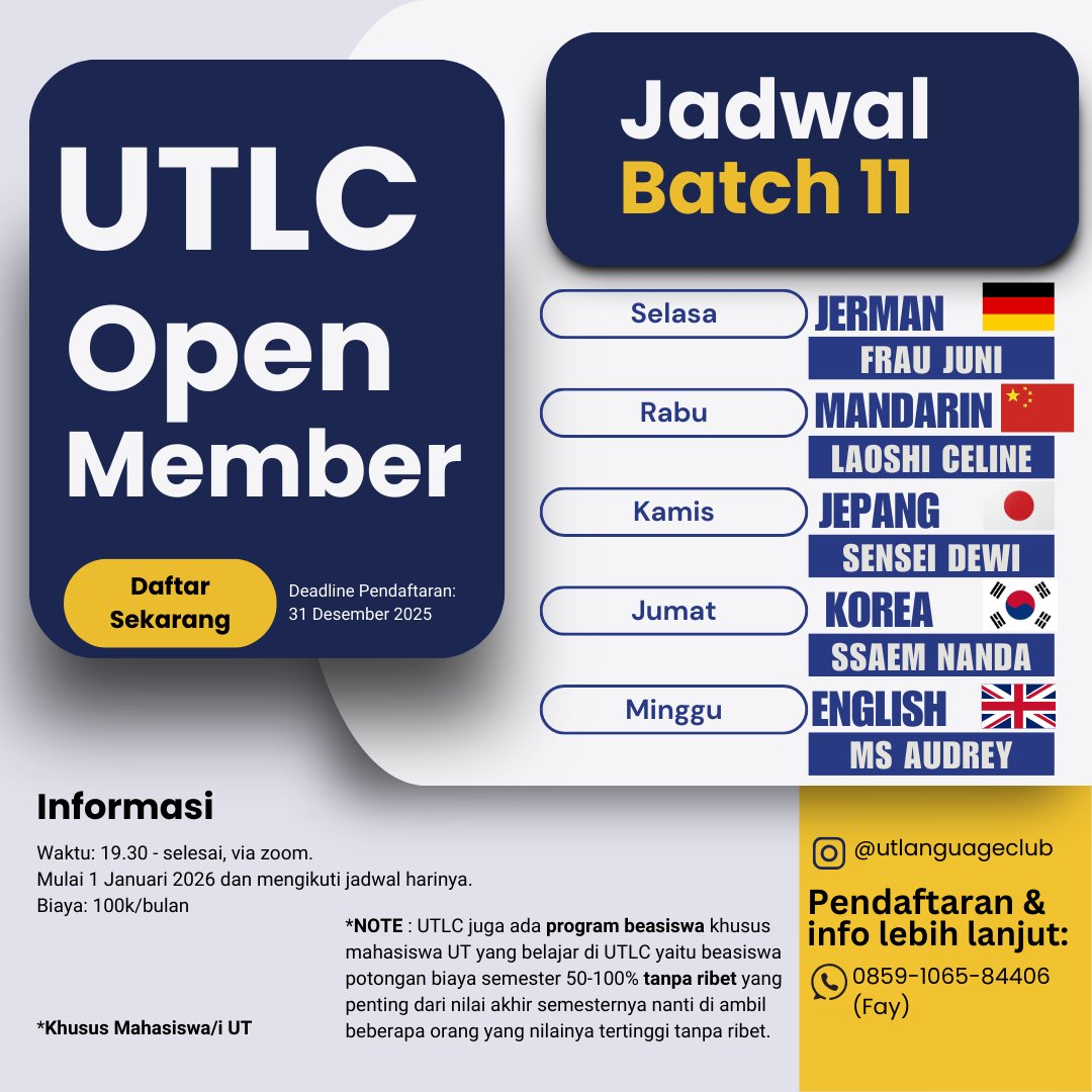 utfess's tweet photo. Hallo sobat UT!🇮🇩🇯🇵🇨🇳🇰🇷🇬🇧🇩🇪
IG : utlanguageclub

Gimana UAS nya lancar? semoga pada lancar dan hasilnya memuaskan ya nanti, btw sebentar lagi liburan UAS nih dari pada bingung dengan liburan yang lama mending sekalian menambah skill bahasa dan bergabung bersama UTLC ☺️ https://t.co/JsV2TAKZsl