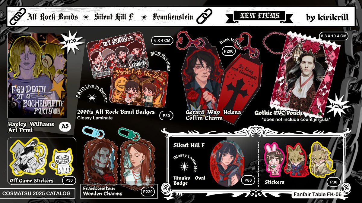 kirikrill's tweet image. [RTs appreciated! 🦐]

hiii! here's my catalog for cosmatsu 2025 on Dec. 28-30 @ table FK06 ₊⊹

pre-orders are now open!

.⋆♱ pick-up and mail order
𝄞⨾𓍢ִ໋ mcr, deltarune, uma musume, alien stage, vocaloid, 

#CosMatsuri2025 #fanfairatcosplaymatsuri2025