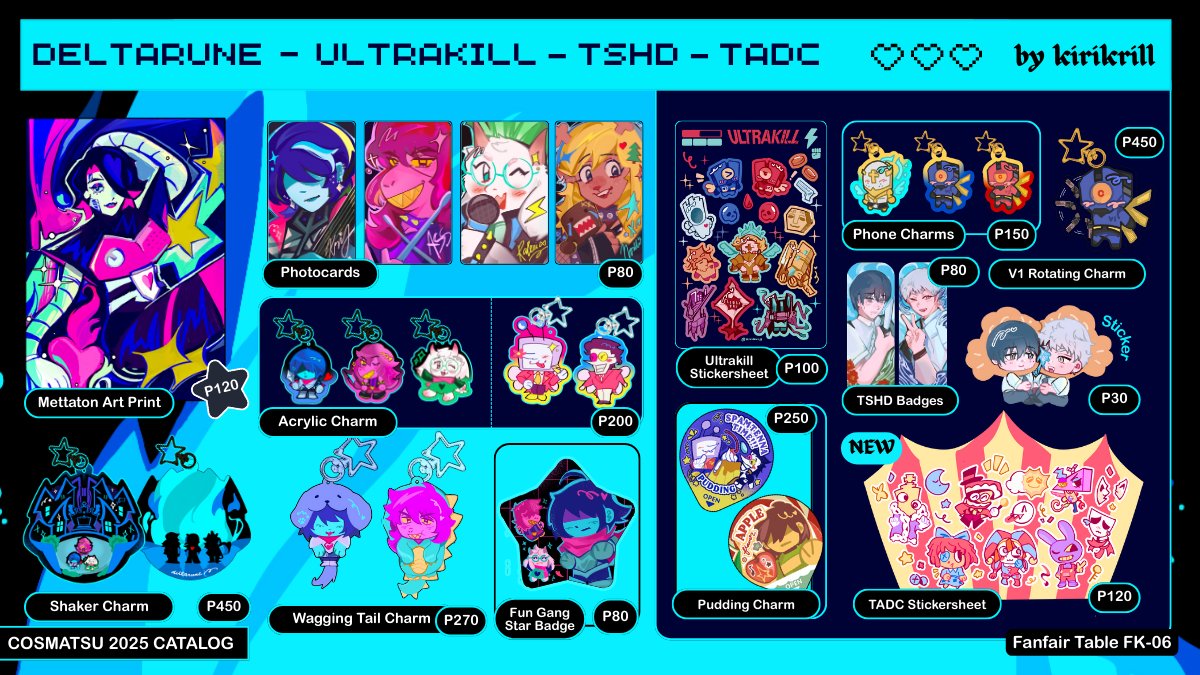 kirikrill's tweet image. [RTs appreciated! 🦐]

hiii! here's my catalog for cosmatsu 2025 on Dec. 28-30 @ table FK06 ₊⊹

pre-orders are now open!

.⋆♱ pick-up and mail order
𝄞⨾𓍢ִ໋ mcr, deltarune, uma musume, alien stage, vocaloid, 

#CosMatsuri2025 #fanfairatcosplaymatsuri2025
