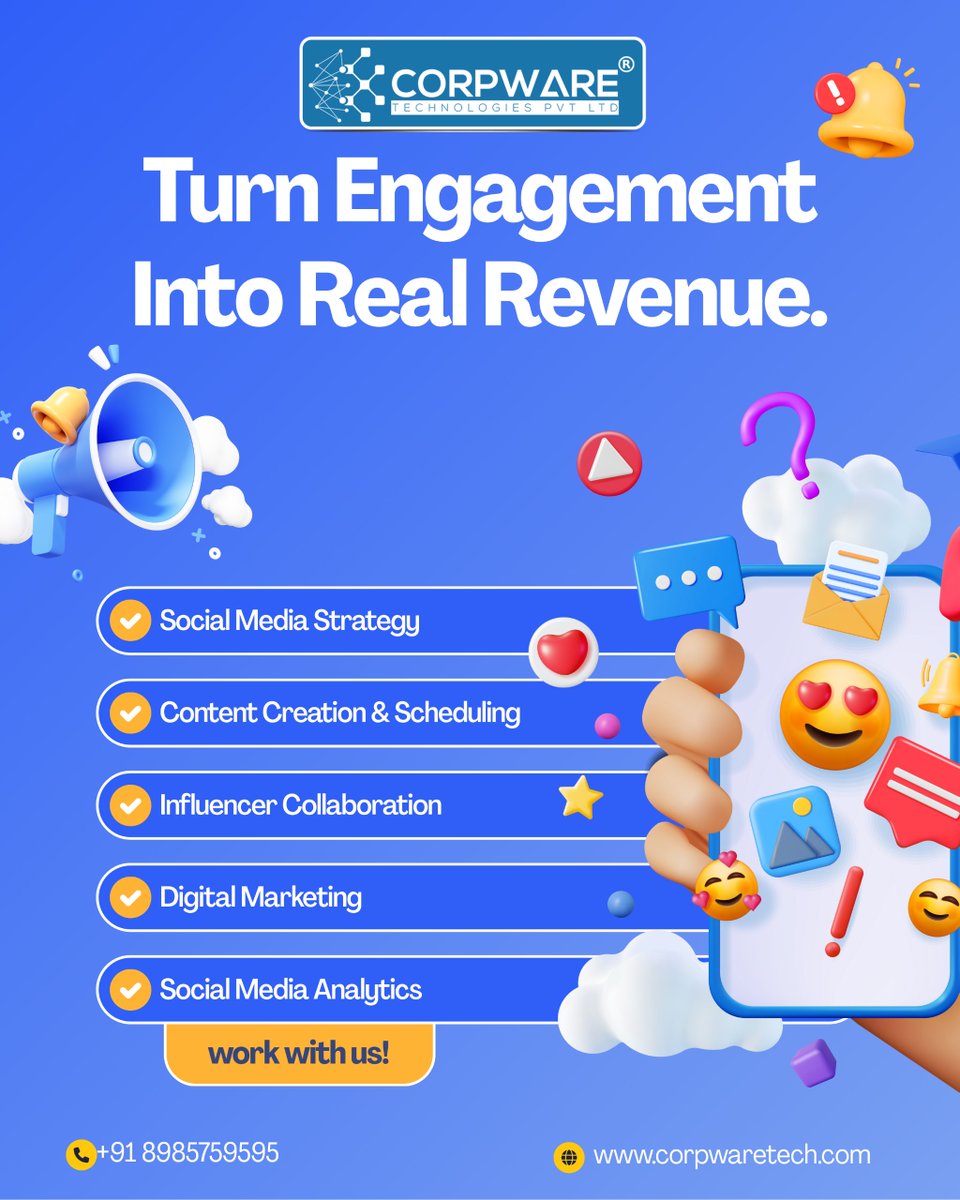 corpware's tweet photo. 🚀 CORPWARE TECHNOLOGIES PVT LTD

💡 Turn Engagement Into Real Revenue

📌 Our Services:
✔ Social Media Strategy
✔ Content Creation &amp; Scheduling
✔ Influencer Collaboration
✔ Digital Marketing
✔ Social Media Analytics

📞 Call: +91 8985759595

#CorpwareTechnologies https://t.co/xr0QsQvz6A