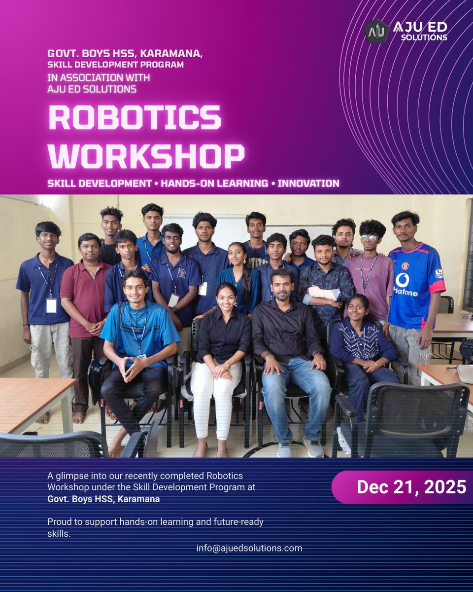aju_ed21924's tweet image. A glimpse from our recently completed Robotics Workshop at Govt. Boys HSS, Karamana, focused on hands-on learning and future-ready skills.

Proudly supported by AJU Ed Solutions 

#RoboticsWorkshop #SkillDevelopment #HandsOnLearning
#FutureSkills #AJUEdSolutions