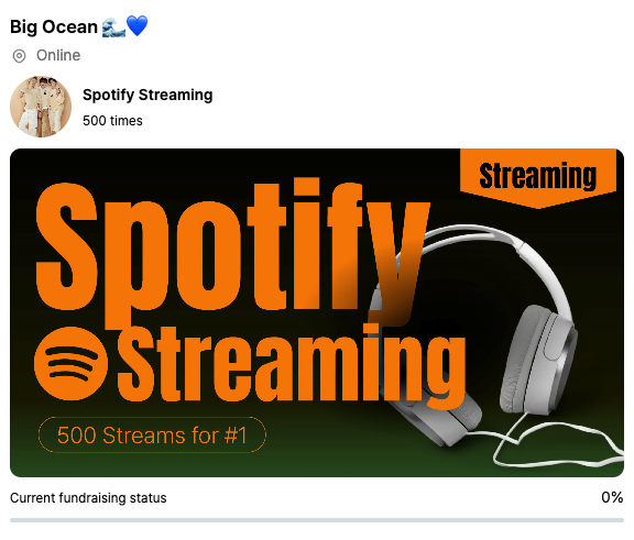 🎉 #BigOcean #빅오션 Spotify Streaming Support  — Now Open!

🔗kookylinkpage.kooky.io/content/fundin…

Let’s come together to make this happen! 💝

#KookyStreaming #Spotify