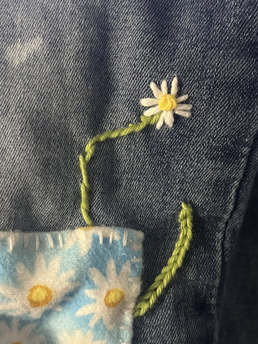 littl crafts update! I looked up a bunch of tutorials on tiktok for embroidery and decided to use these old jeans to test out the different stitches! 🌼