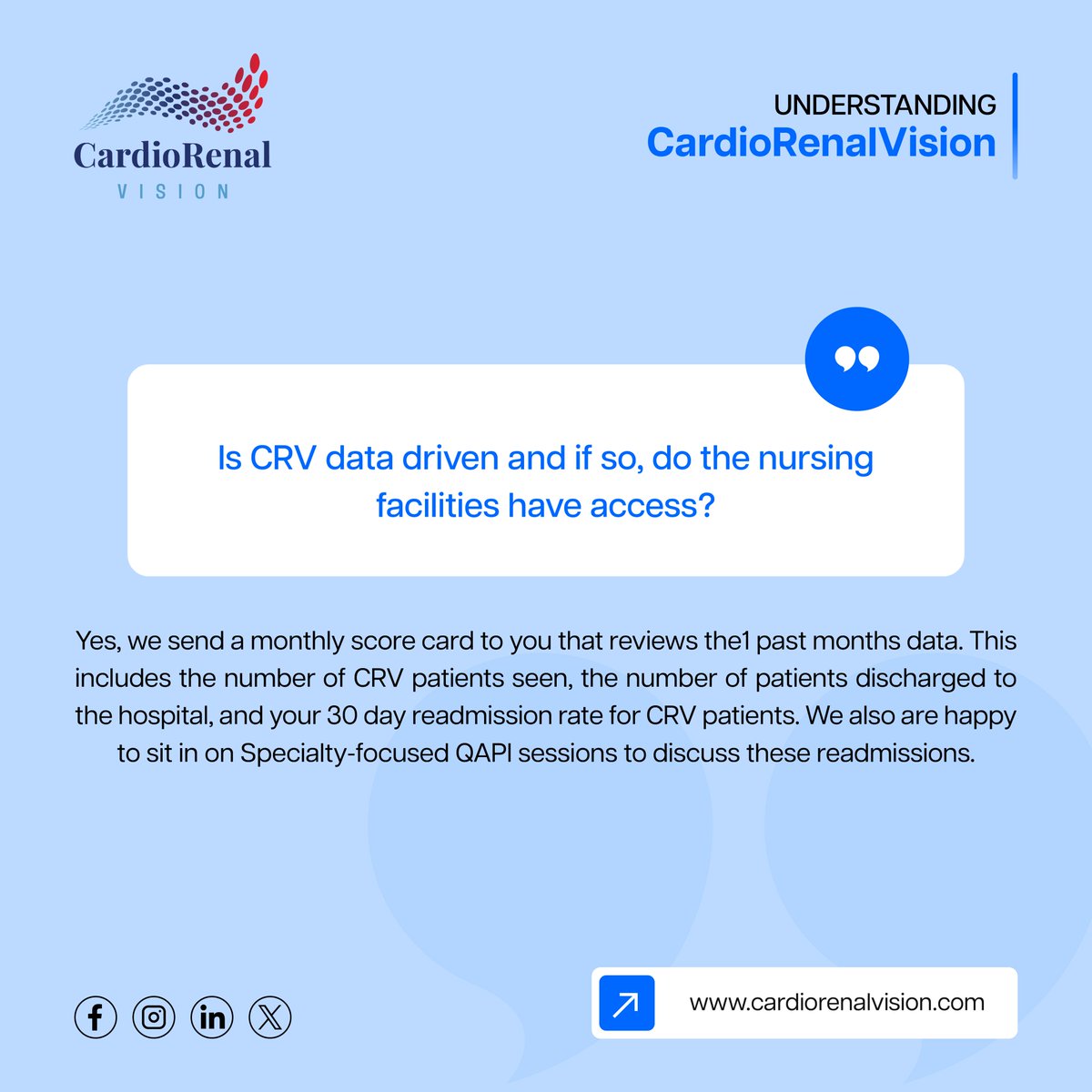 CardiacVision's tweet image. #CardioRenalVision, we believe in transparency and measurable outcomes Our #nursingfacility partners receive a clear monthly scorecard showing patient volumes, #hospital transfers, and 30-day readmission trends #PostAcuteCare #SkilledNursingFacility 
#CardioRenalVision