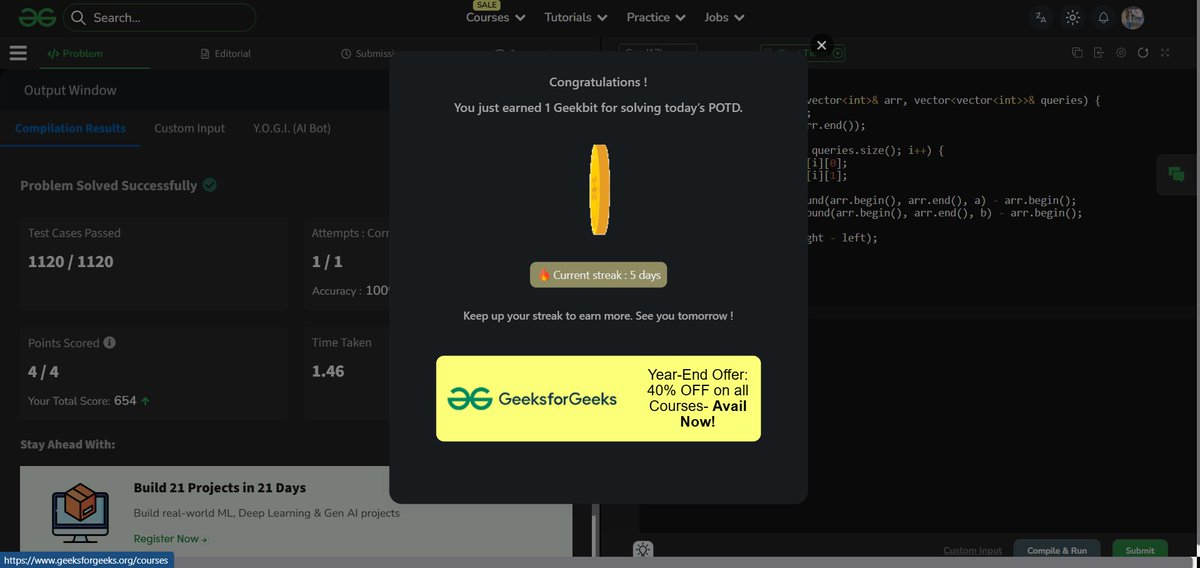 amansharma264's tweet image. 🎯 Solved GFG POTD – Elements in Range [a, b]

🔍 Problem:
Given an array of integers and multiple queries, each with integers a and b, count how many array elements lie in [a, b] (inclusive) for each query.

🧠 Approach:
• Sort the array for efficient searching.
• For each…