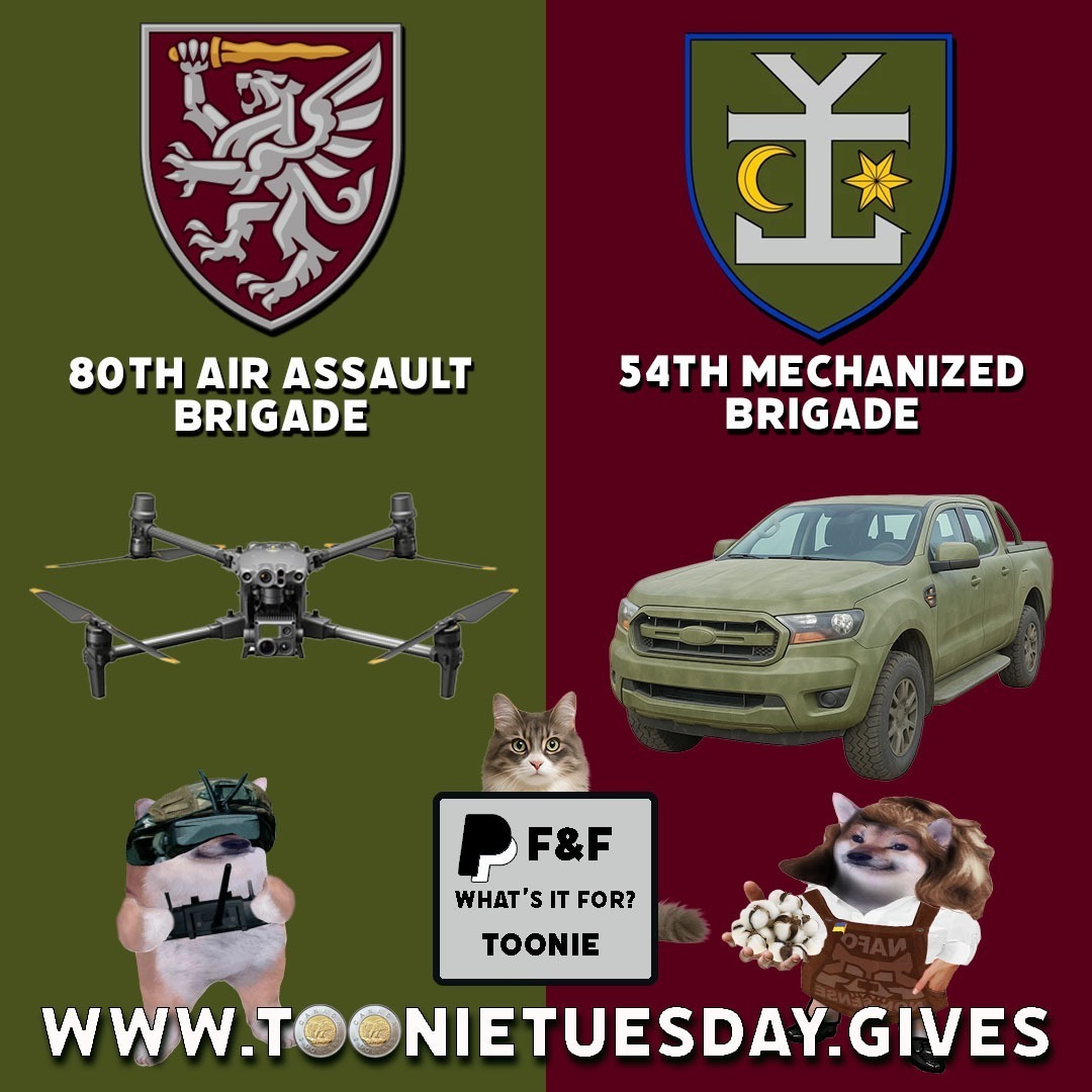 toonie_tuesday's tweet image. It is Toonie Tuesday!

🛞Wheels and Wings🪽

Together with Angels of Donbas we’re raising funds for a pickup for the 54th Separate Mechanized Brigade, and a Matrice drone for the 80th Separate Air Assault Brigade. These units are defending the Siversk/Sumy Region,  this equipment…