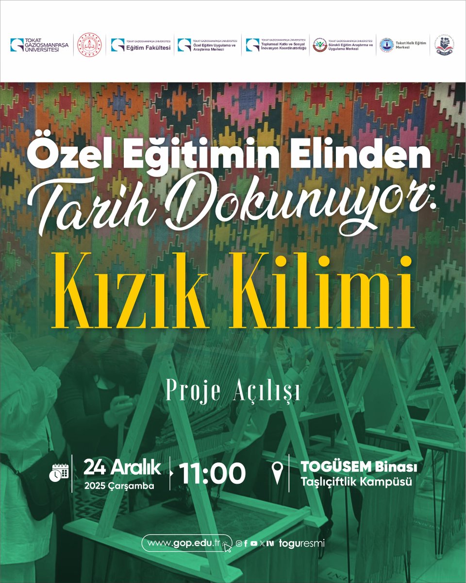 Özel eğitimin elinden tarih dokunuyor… 🧶

Geleneksel dokuma kültürümüzün önemli değerlerinden Kızık Kilimi, özel eğitimle yeniden hayat buluyor.
Proje açılışımıza bekliyoruz!

📅 24 Aralık 2025, Çarşamba
⏰ 11.00
📍 TOGÜSEM Binası – Taşlıçiftlik Kampüsü