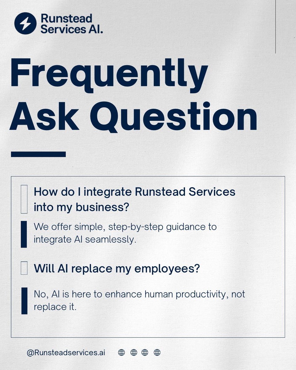 runsteadai's tweet image. Wondering how AI fits into your business? At Runstead Services, we make it easy. Our step-by-step guidance ensures seamless integration, enhancing productivity without replacing your team. Let’s work smarter, together.
#RunsteadServices #AIforBusiness #TechIntegration
