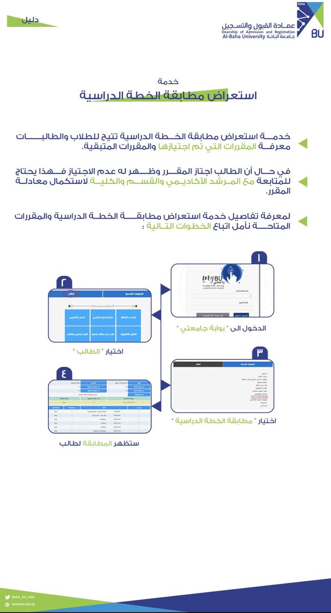 BahaUniversity's tweet photo. #اعلان| 
خدمة استعراض مطابقة الخطة الدراسية

#جامعة_الباحة | #عمادة_القبول_والتسجيل https://t.co/02Vk1y4nhd
