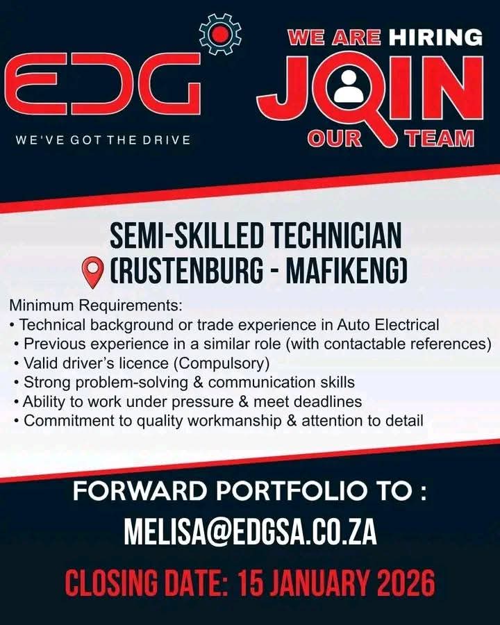 NorthWesTimes's tweet photo. JOB OPPORTUNITY:JOIN THE EDG TEAM🔌

📌 Current Vacancies Available:

🔹 Site Administrator (With Experience)
🔹 Qualified Auto Electrician
🔹 Semi-Skilled Technician

📍Rustenburg & Mahikeng

✅ REQUIREMENTS 

• Relevant qualifications & experience
• Valid driver’s licence
• Strong communication & problem-solving skills
• Ability to work under pressure
• Commitment to safety, quality & teamwork
• Contactable references

📧 Send your portfolio/CV to: melisa@edgsa.co.za

CLOSING DATE:15 JANUARY 2025

#NORTHWESTTIMES 
#PEOPLEMUSTKNOW