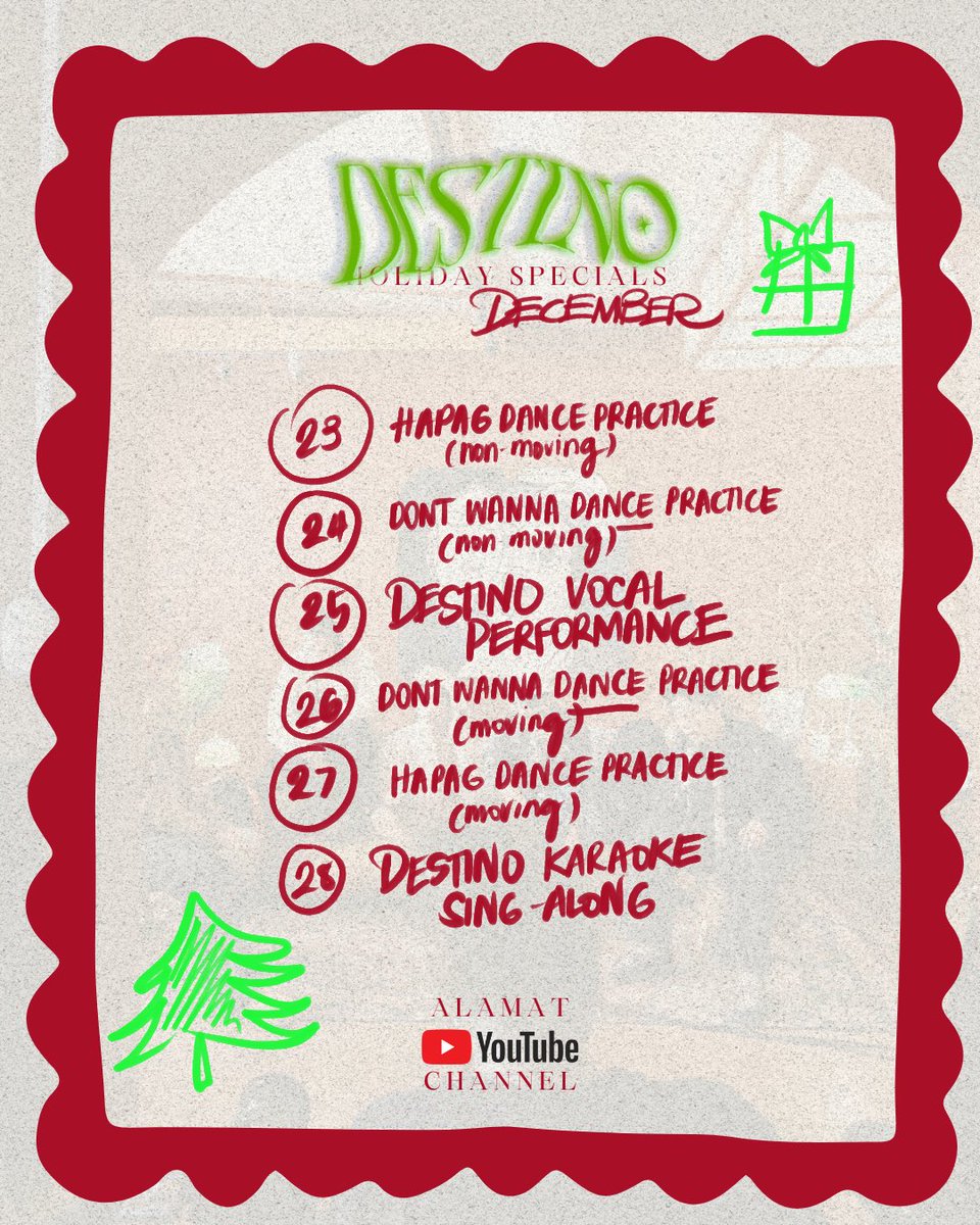 Official_ALAMAT's tweet image. Ngayong Pasko, may munting handog kami para sa inyo 🎁

Mula Dec 23–28, may bagong ALAMAT content araw-araw, 7PM sa ALAMAT YouTube channel bilang pasasalamat sa walang sawang suporta ninyo sa amin at sa Destino 🤎

Maligayang Pasko!🌲