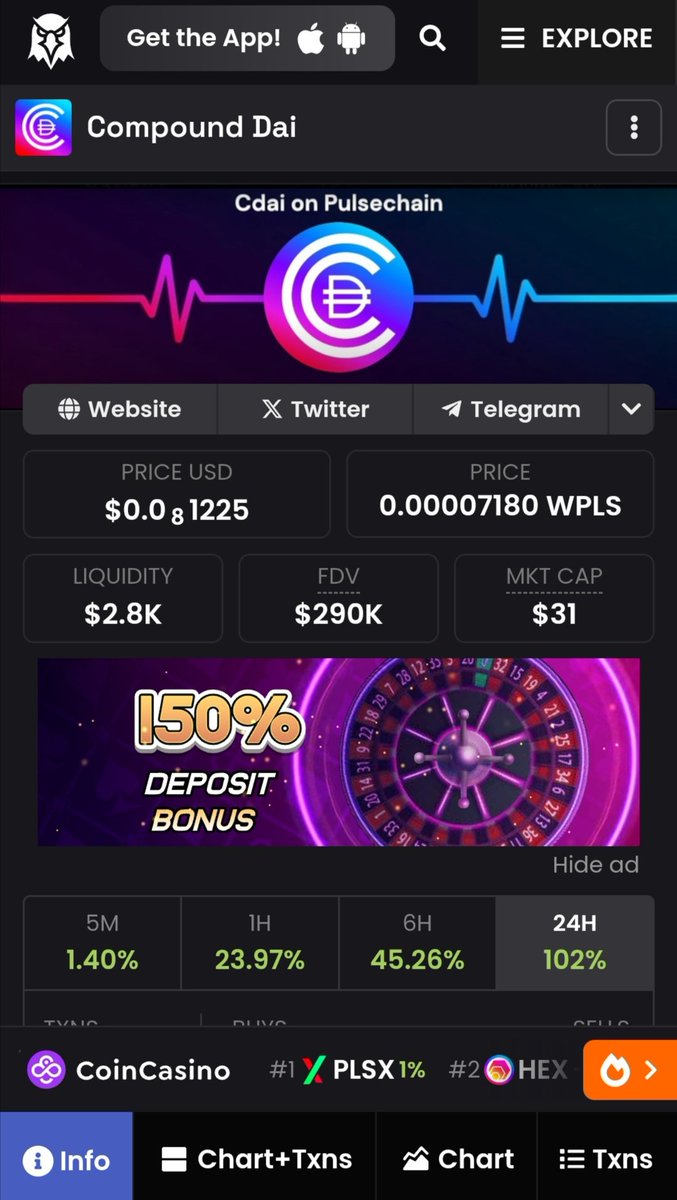 pulsexMoonshot's tweet photo. $CDAI Currently the best performing asset on #Pulsechain today.
0x5d3a536E4D6DbD6114cc1Ead35777bAB948E3643
$CDAI to 1 dollar
#CompoundProtocol
@LibertySwapFi
@yourfriendSOMMI
@Coexisteven
@CrusherTrades https://t.co/6Tr1QHefoq