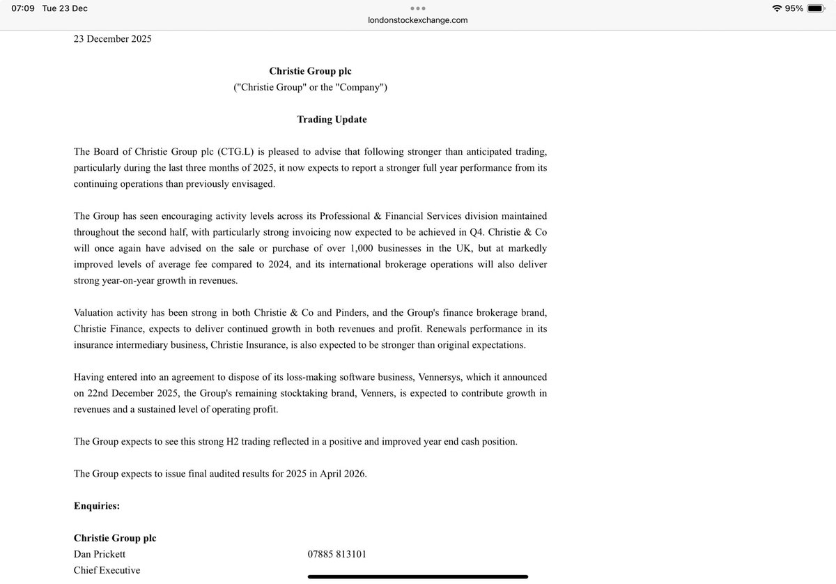 reb40's tweet image. #CTG Looks like there may be light at the end of the tunnel💡for Christie Group

Yesterday they managed to sell their loss making Vennersys division &amp;amp;the shares jumped +20%

Today we’re told trading is stronger than anticipated in the remaining business too
Cash position better👍