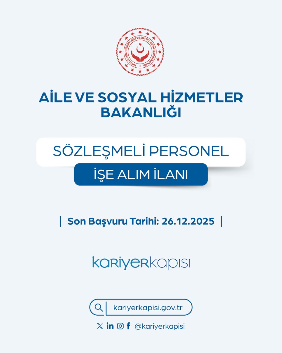 Aile ve Sosyal Hizmetler Bakanlığı 3.000 Sözleşmeli Personel istihdam edecektir.

🔗 kariyerkapisi.gov.tr
🗓️ Son Başvuru Tarihi: 26 Aralık 2025

<a href="/tcailesosyal/">T.C. Aile ve Sosyal Hizmetler Bakanlığı</a>