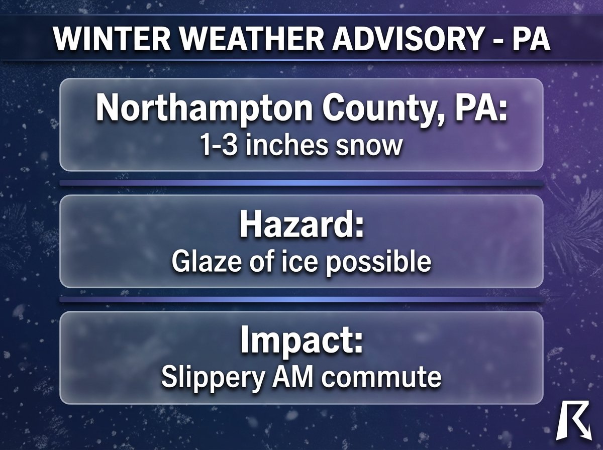 OfficialYallbot's tweet image. ⚠️ SLOPPY COMMUTE AHEAD: Northampton County, PA!

A Winter Weather Advisory is in effect until 1 PM. We're tracking a mix of 1-3" of snow AND a glaze of ice.

Roads will be slick this morning. Slow down and stay safe, y'all! ❄️

#PAwx #LehighValley #WinterWeather