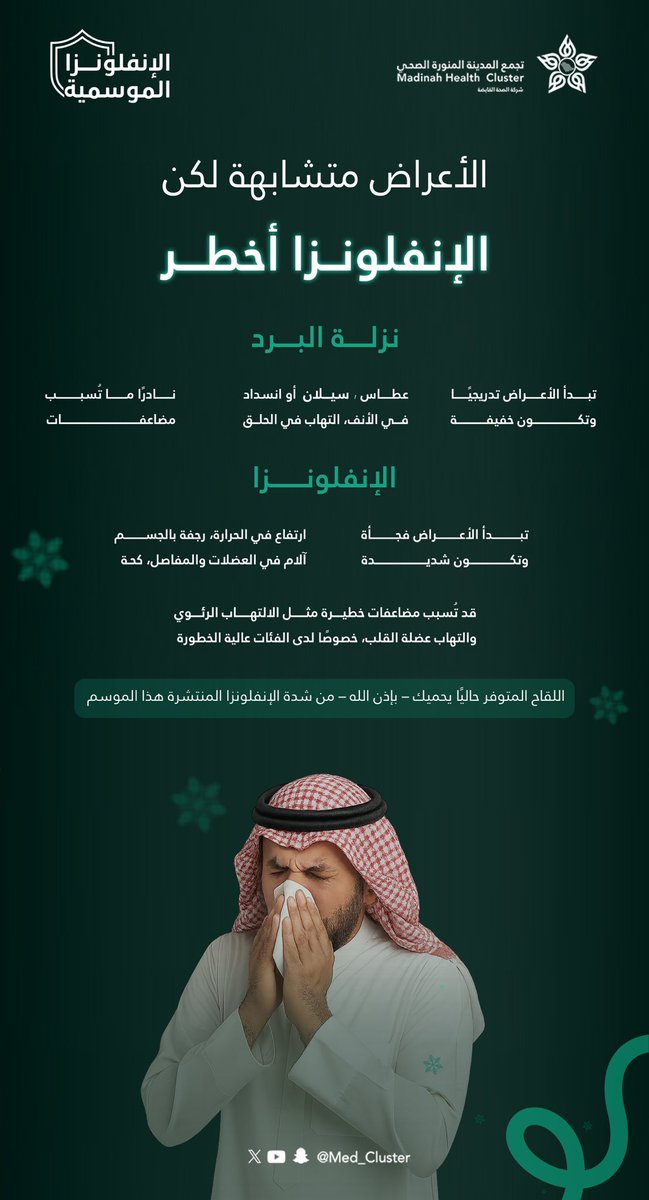 med_cluster's tweet photo. الأعراض قد تتشابه، لكن ⚠️
#الإنفلونزا أخطر من نزلة البرد، وقد تسبب مضاعفات خطيرة خاصة لكبار السن وأصحاب الأمراض المزمنة.
الوقاية تبدأ بالوعي، واللقاح الموسمي خط الدفاع الأول 🤍💉

#تجمع_المدينة_الصحي https://t.co/o2i59C5py5
