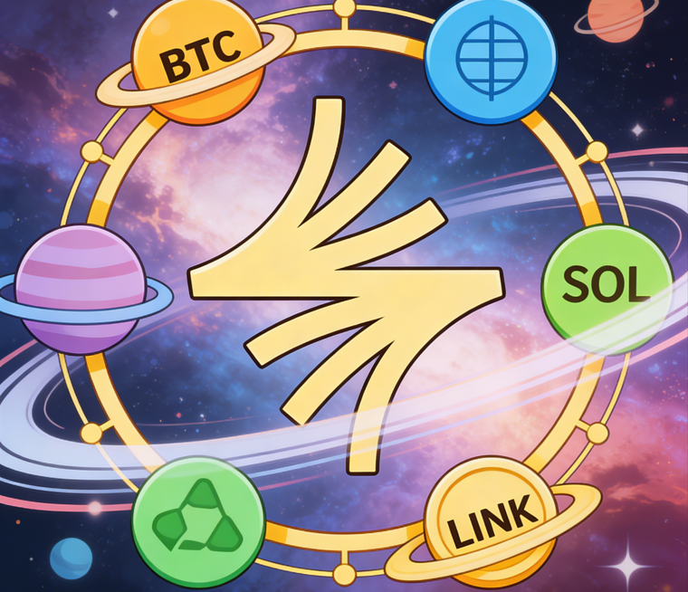 MrSelimAkbar1's tweet photo. #CodexCartoon: Gold logo centers, circled by BTC/SOL/LINK (crypto assets) on space-planet backdrop. Vibe: Its stablecoin’s interstellar crypto ecosystem.  #Stablecoin #CryptoInterstellarEcosystem https://t.co/ud5jRv7aJI