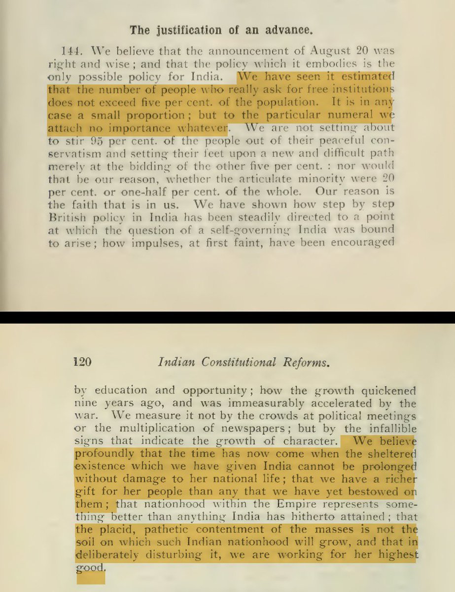 WestminsterPup's tweet image. The 1918 Montagu-Chelmsford Report concluded, to the distress of its authors, that Indian interest in political reform was virtually non-existent (&amp;lt;5%).

British policy from 1918 was to create national &amp;amp; democratic sentiment via a “radical revolution” in traditional Indian ideas.