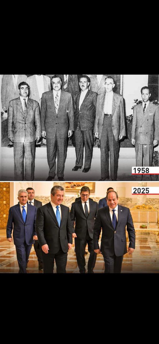 These two photos were taken 67 years apart.

- Photo 1 (Cairo, 1958, during Mustafa Barzani’s return from Moscow to Iraq): From left—Mustafa Barzani; President Jamal Abdel Nasser; Nuri Ahmad Taha; Salih Miran; 
- Photo 2 (Cairo, 2025, during Prime Minister Masrour Barzani’s
