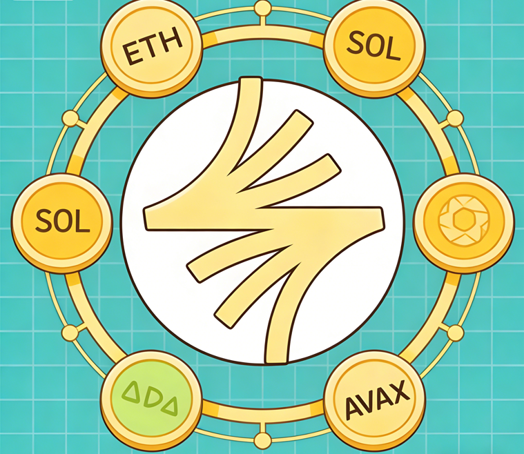MariaTrisia's tweet photo. #CodexCartoon: Gold logo centers, circled by ETH/SOL/ADA/AVAX (L1 tokens) on light turquoise grid backdrop. Vibe: Its stablecoin’s multi-L1 chain integration ecosystem.  #Stablecoin #CryptoMultiL1IntegrationEcosystem https://t.co/4ivSO51Jvq