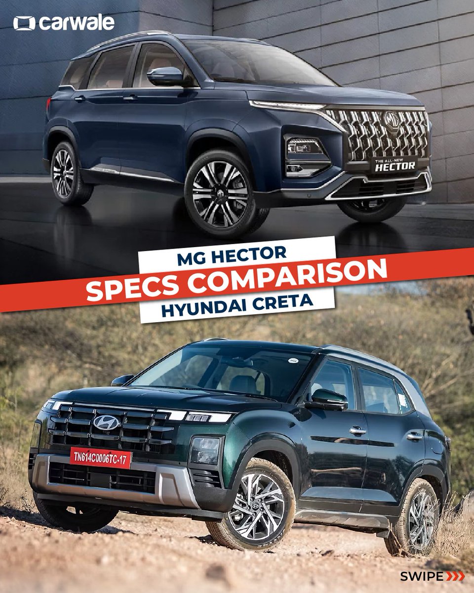 CarWale's tweet photo. Two popular mid-size SUVs, two very different approaches. In this specs comparison, we break down how the #MGHector and #HyundaiCreta stack up on paper, looking at the numbers that matter before you shortlist either of them.
#mg #hector #hyundai #creta #cwactivity #cwcomparison https://t.co/HE7KesZkRA